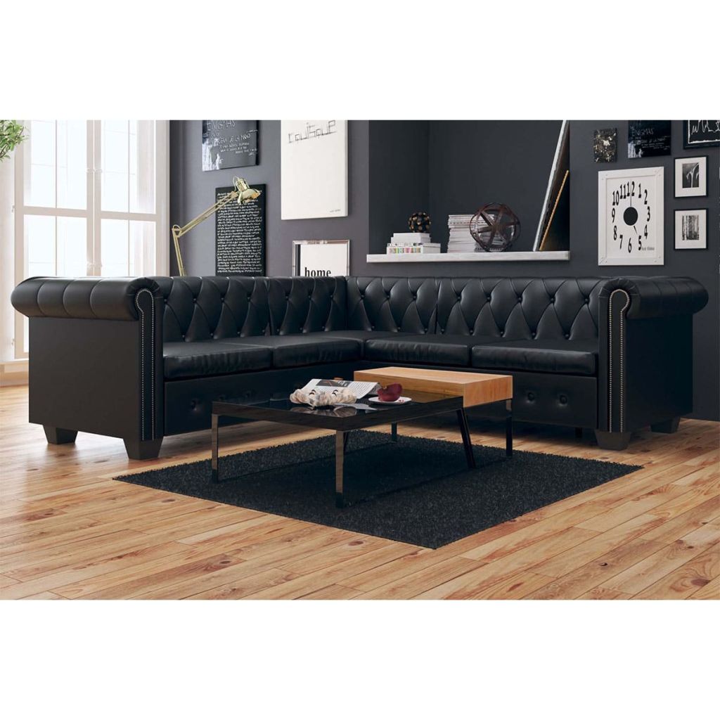 Chesterfield-Ecksofa 5-Sitzer Kunstleder Schwarz
