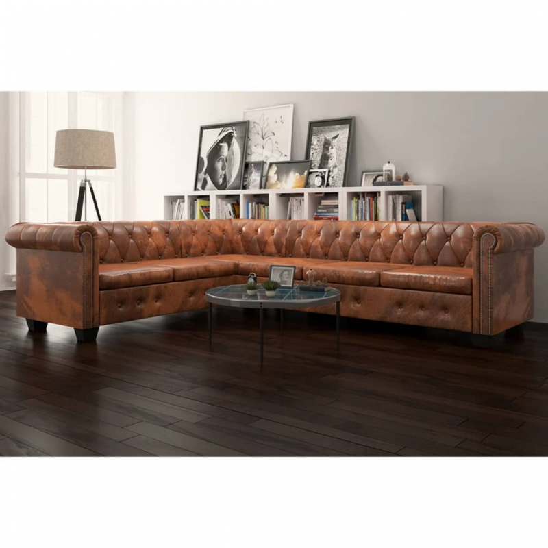 Chesterfield-Ecksofa 6-Sitzer Kunstleder Braun