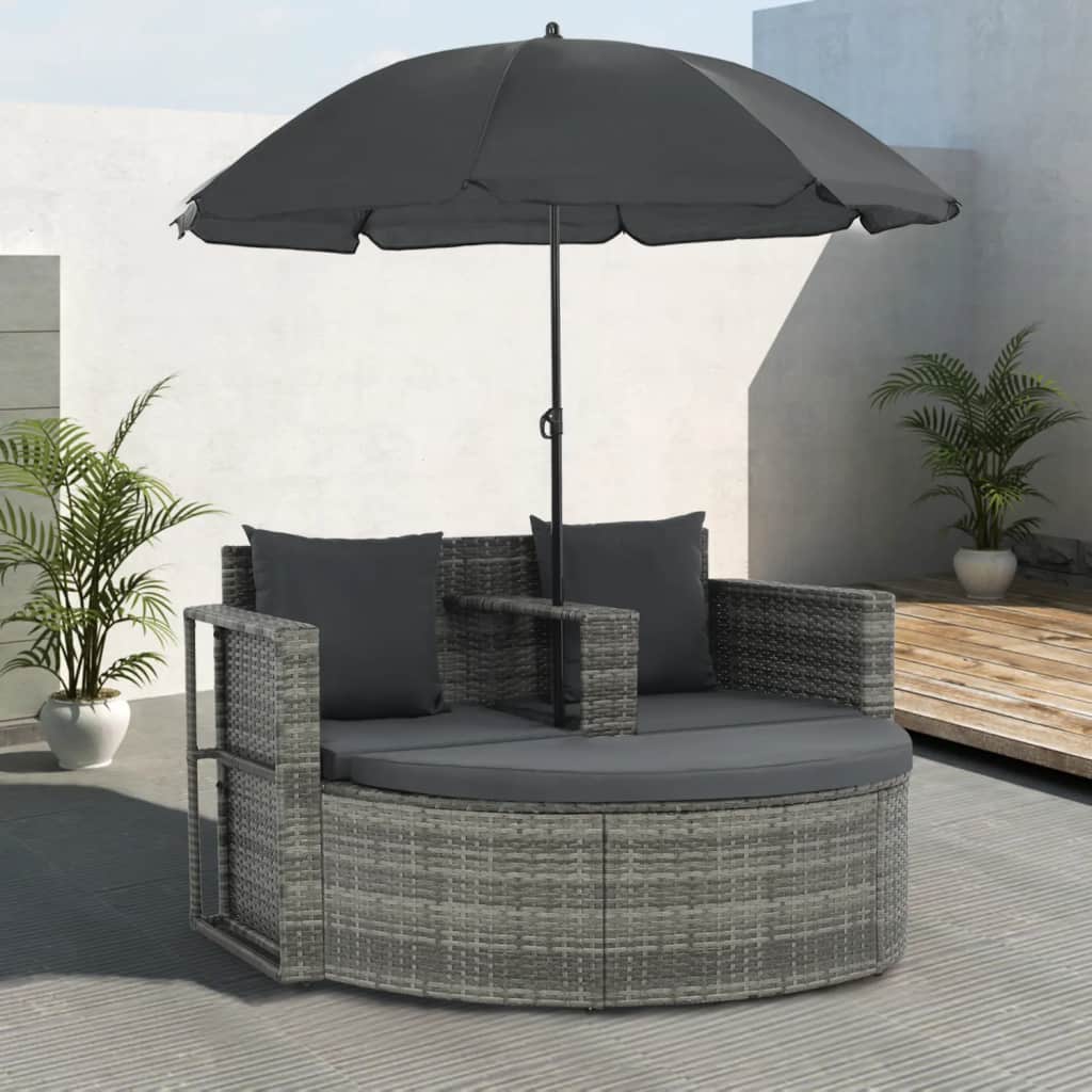 Gartenbett mit Sonnenschirm Grau Poly Rattan