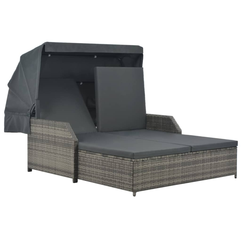 2-Personen-Sonnenliege mit Sonnendach Poly Rattan Grau
