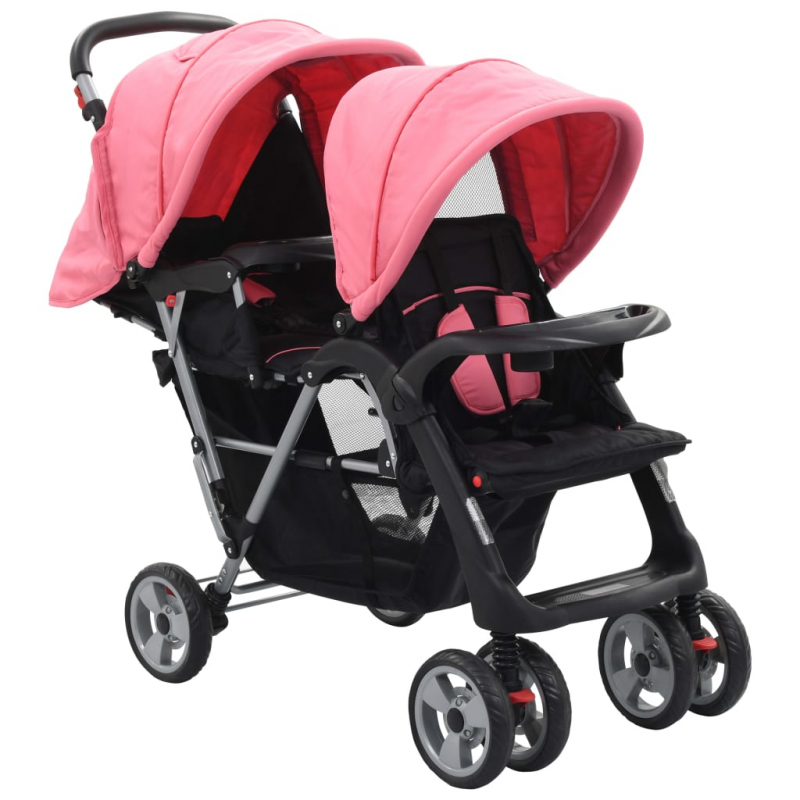 Tandem-Kinderwagen Stahl Rosa und Schwarz