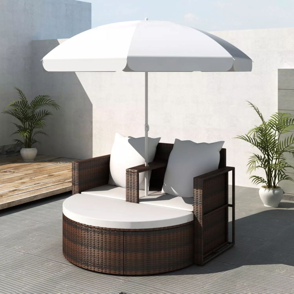 Gartenbett mit Sonnenschirm Braun Poly Rattan