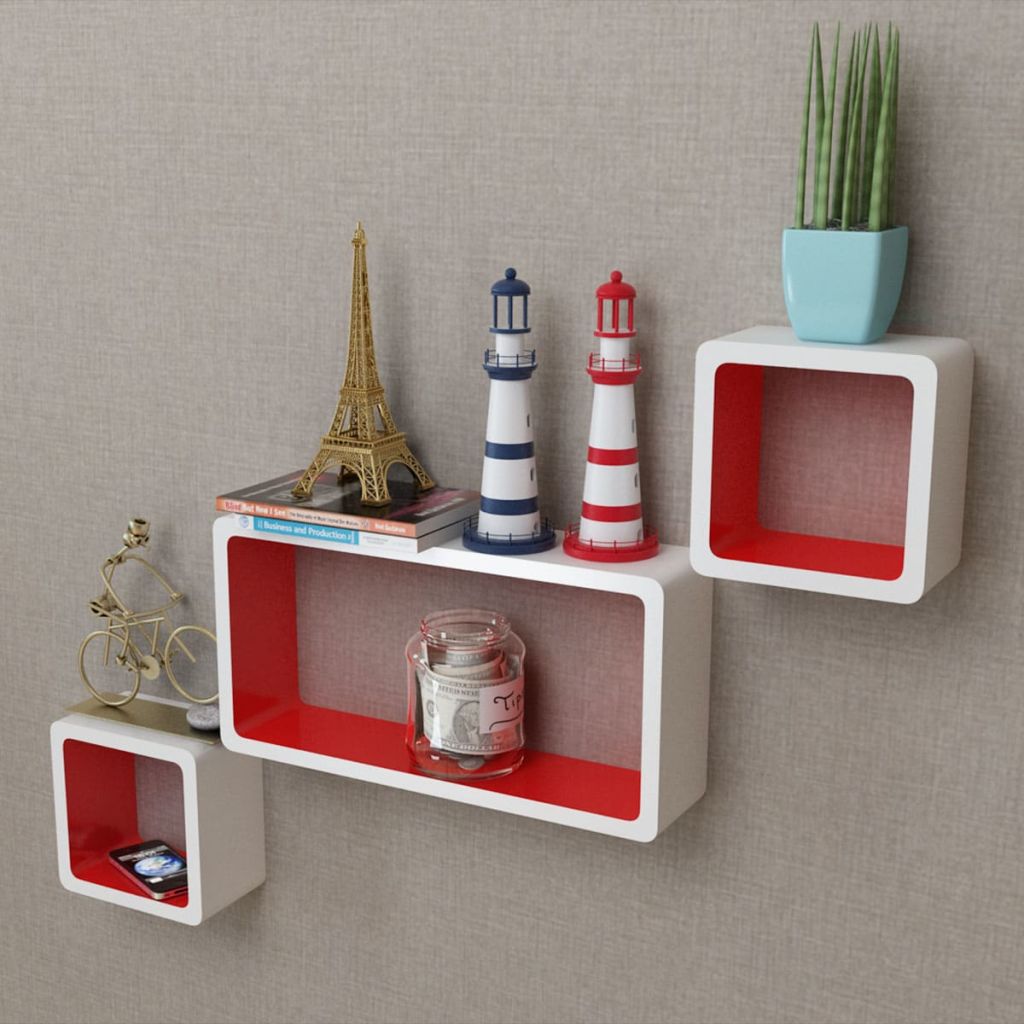 3er Set MDF Cube Regal Hängeregal Wandregal für Bücher/DVD, weiß-rot