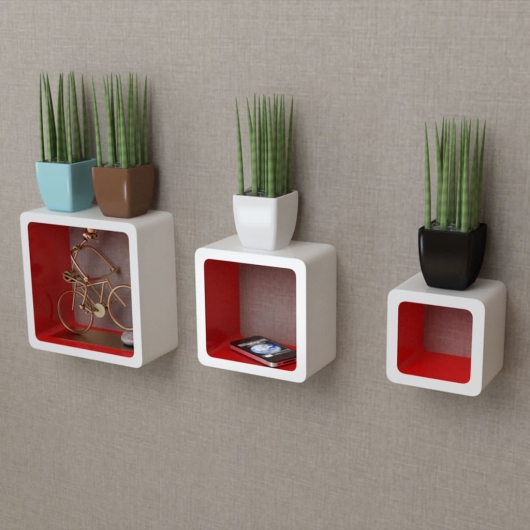 3er Set MDF Hängeregal Wandregal Cube Regal für Bücher/DVD, weiß-rot