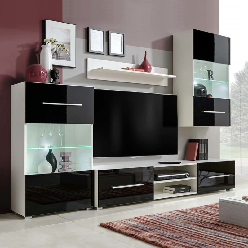 4-tlg. Wohnwand mit TV-Schrank & LED-Leuchten Hochglanz-Schwarz