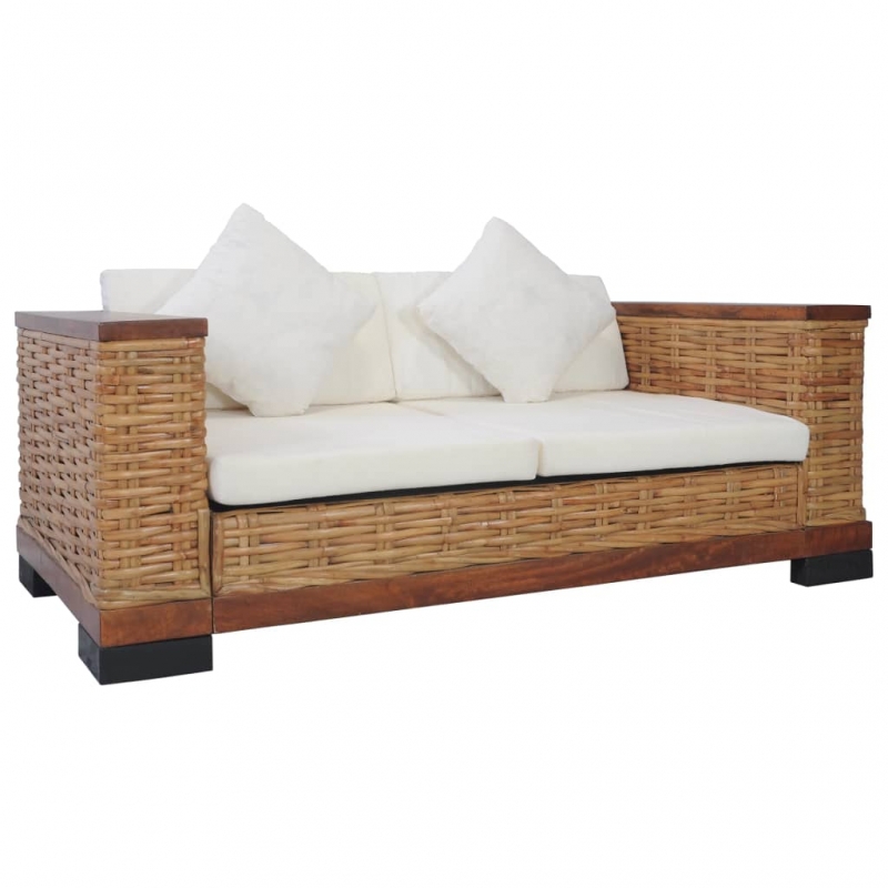 2-Sitzer-Sofa mit Auflagen Braun Natur Rattan