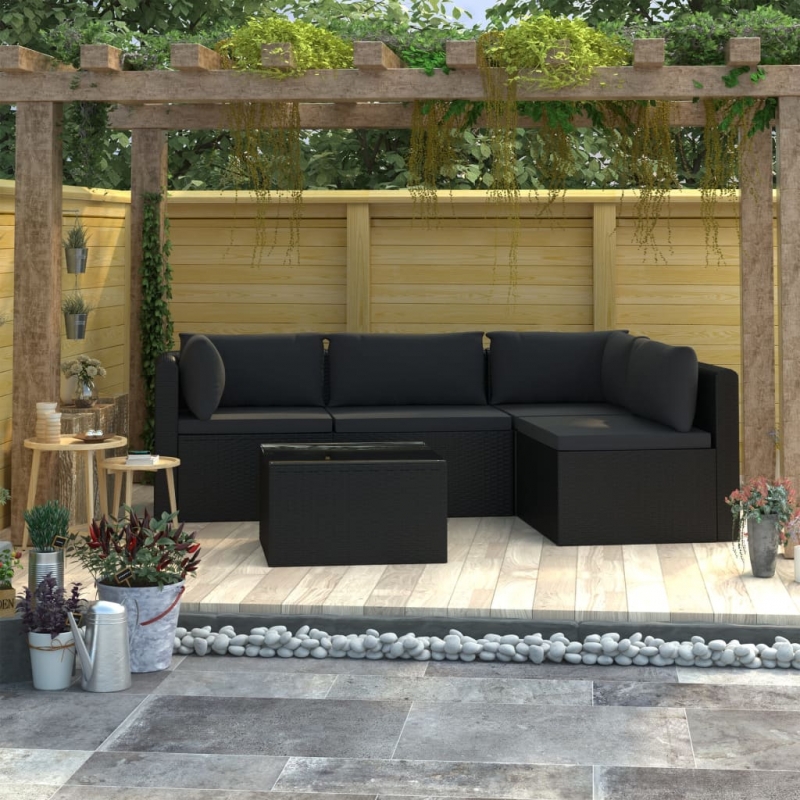 5-tlg. Garten-Lounge-Set mit Auflagen Poly Rattan Schwarz