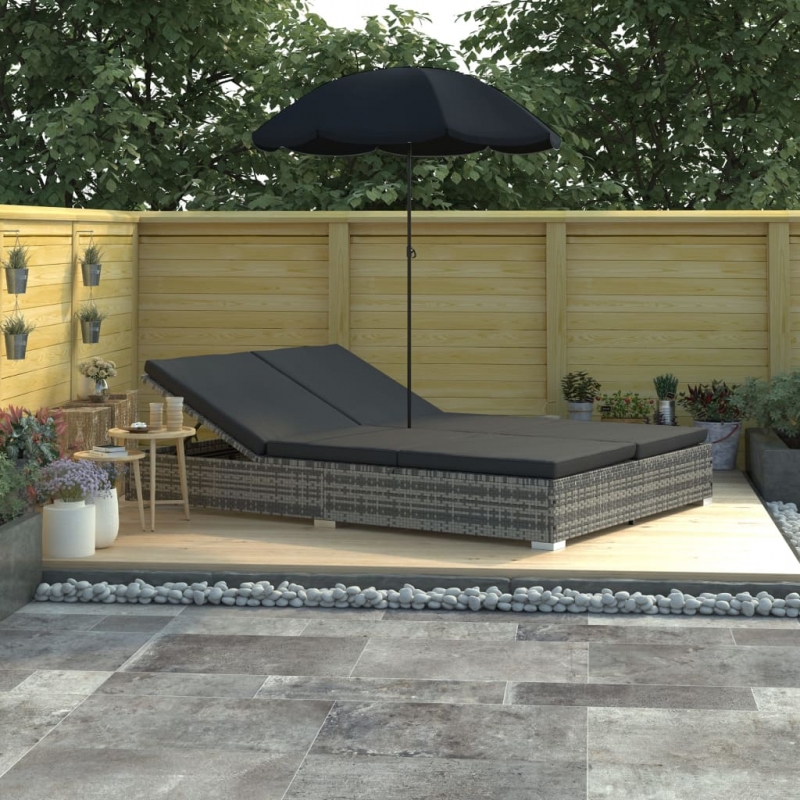 Outdoor-Loungebett mit Sonnenschirm Poly Rattan Grau