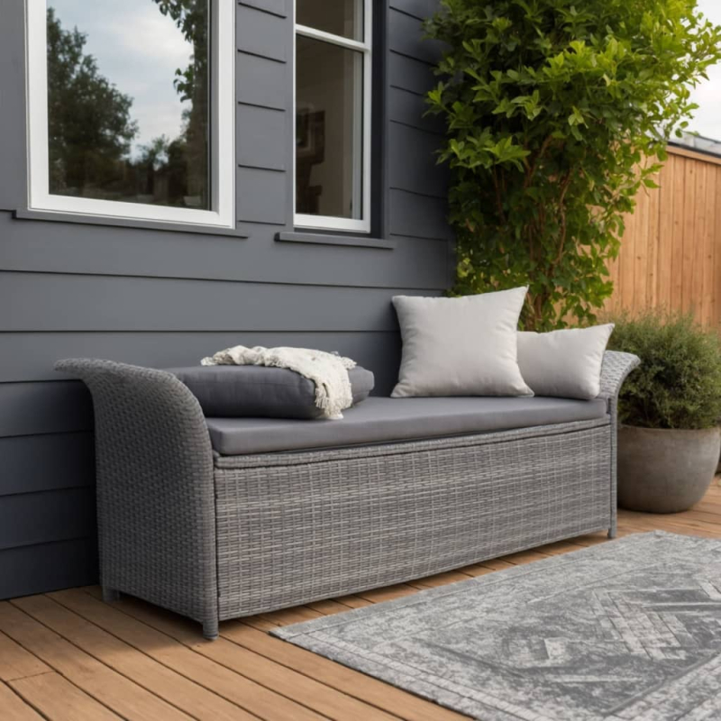 Sitzbank mit Stauraum und Kissen Grau 138 cm Poly Rattan