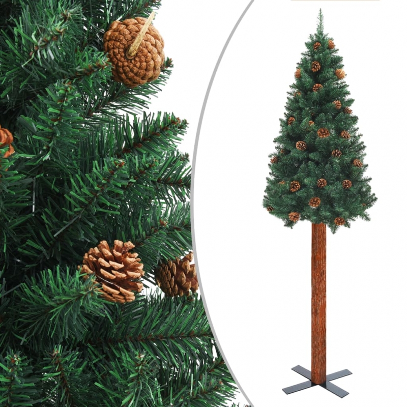 Weihnachtsbaum Schlank mit Echtholz und Zapfen Grün 210 cm PVC