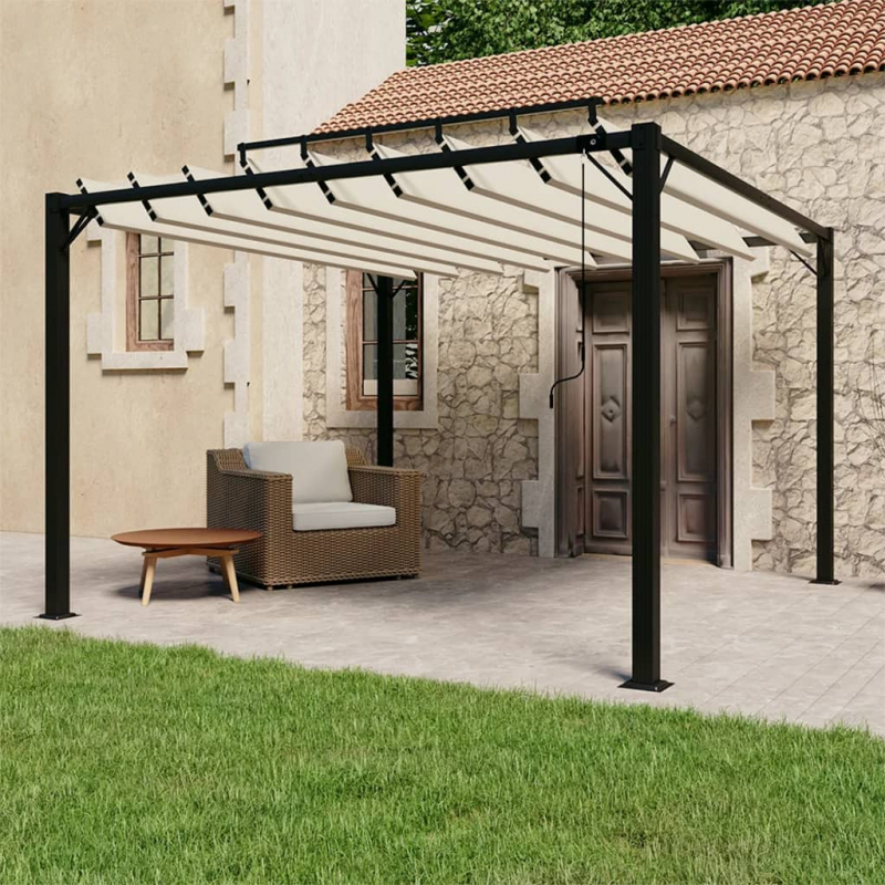 Pavillon mit Lamellendach 3x3 m Creme Stoff und Aluminium