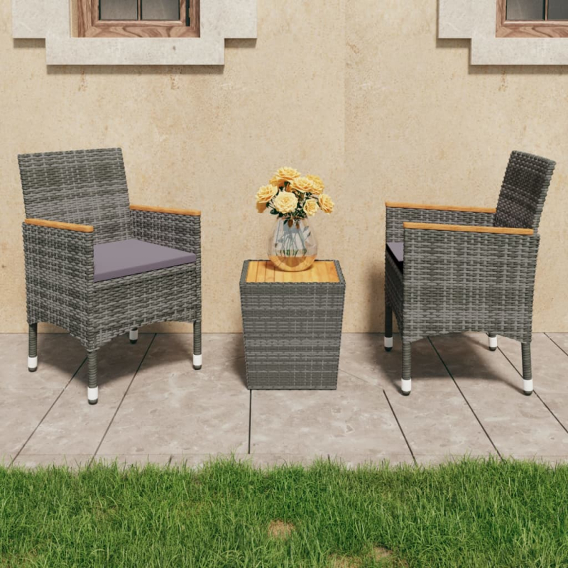 3-tlg. Bistro-Set Poly Rattan und Akazienholz Grau