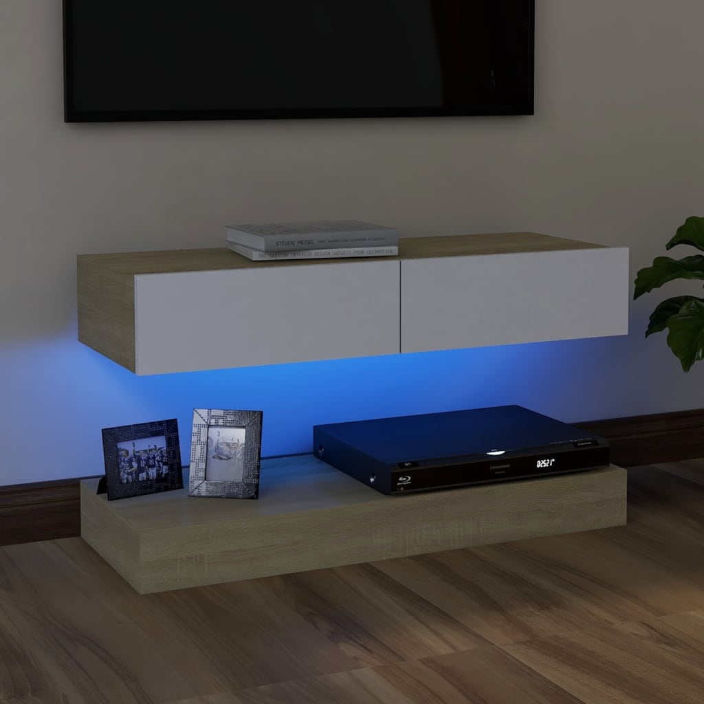 TV-Schrank mit LED-Leuchten Weiß Sonoma-Eiche 90x35 cm