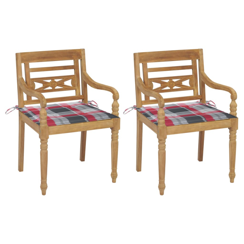 Batavia-Stühle 2 Stk. Rote Karomuster-Kissen Teak Massivholz