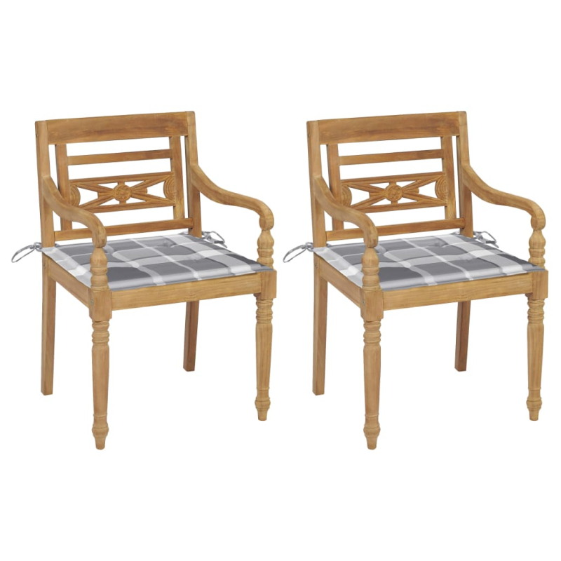 Batavia-Stühle 2 Stk. Graue Karomuster-Kissen Teak Massivholz