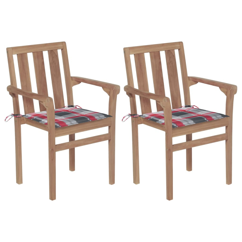 Gartenstühle 2 Stk. Rote Karomuster-Kissen Massivholz Teak