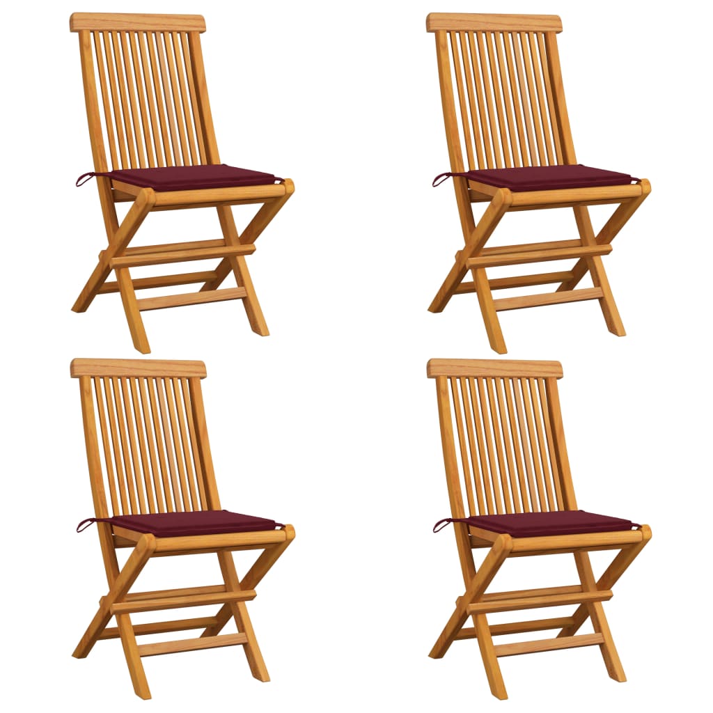 Gartenstühle mit Weinroten Kissen 4 Stk. Massivholz Teak