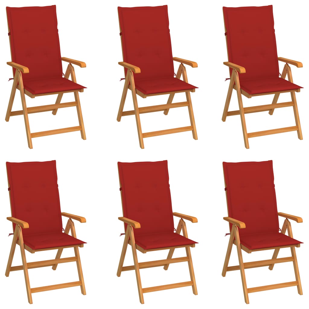 Gartenstühle 6 Stk. mit Roten Kissen Massivholz Teak