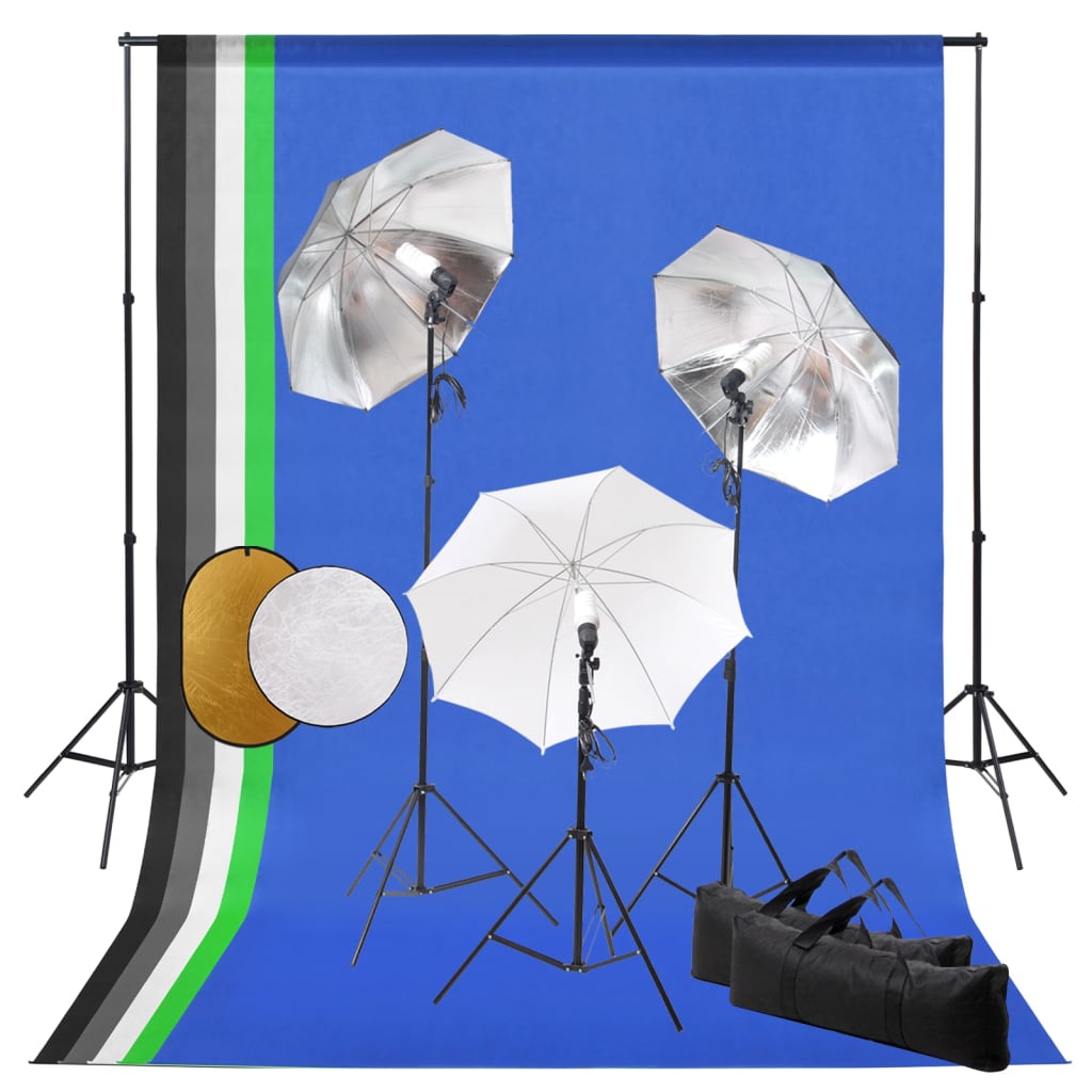 Fotostudio-Set mit Leuchten, Schirmen, Hintergrund, Reflektor