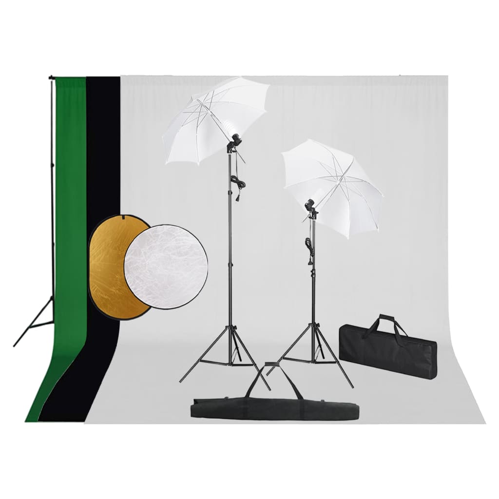 Fotostudio-Set mit Leuchten, Schirmen, Hintergrund, Reflektor