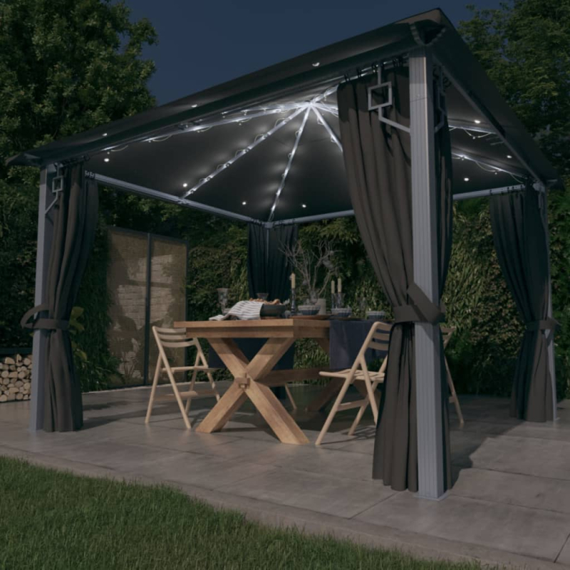 Pavillon mit Vorhängen & LED-Lichterkette 300x300 cm Anthrazit Alu