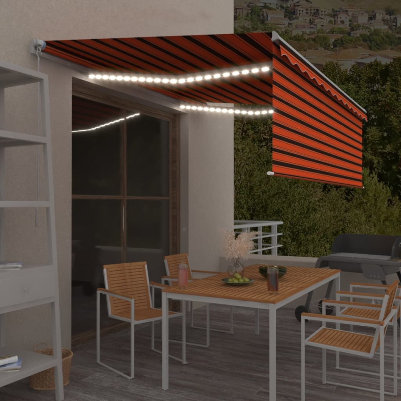 Markise Manuell Einziehbar mit Rollo & LED 4x3 m Orange & Braun