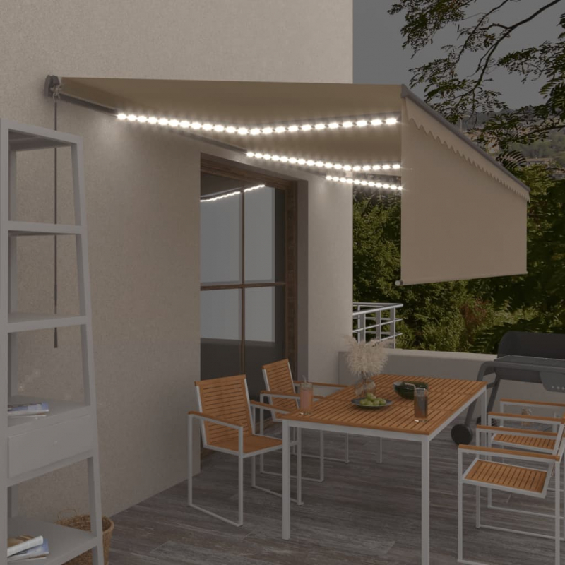 Markise Manuell Einziehbar mit Rollo & LED 6x3 m Creme