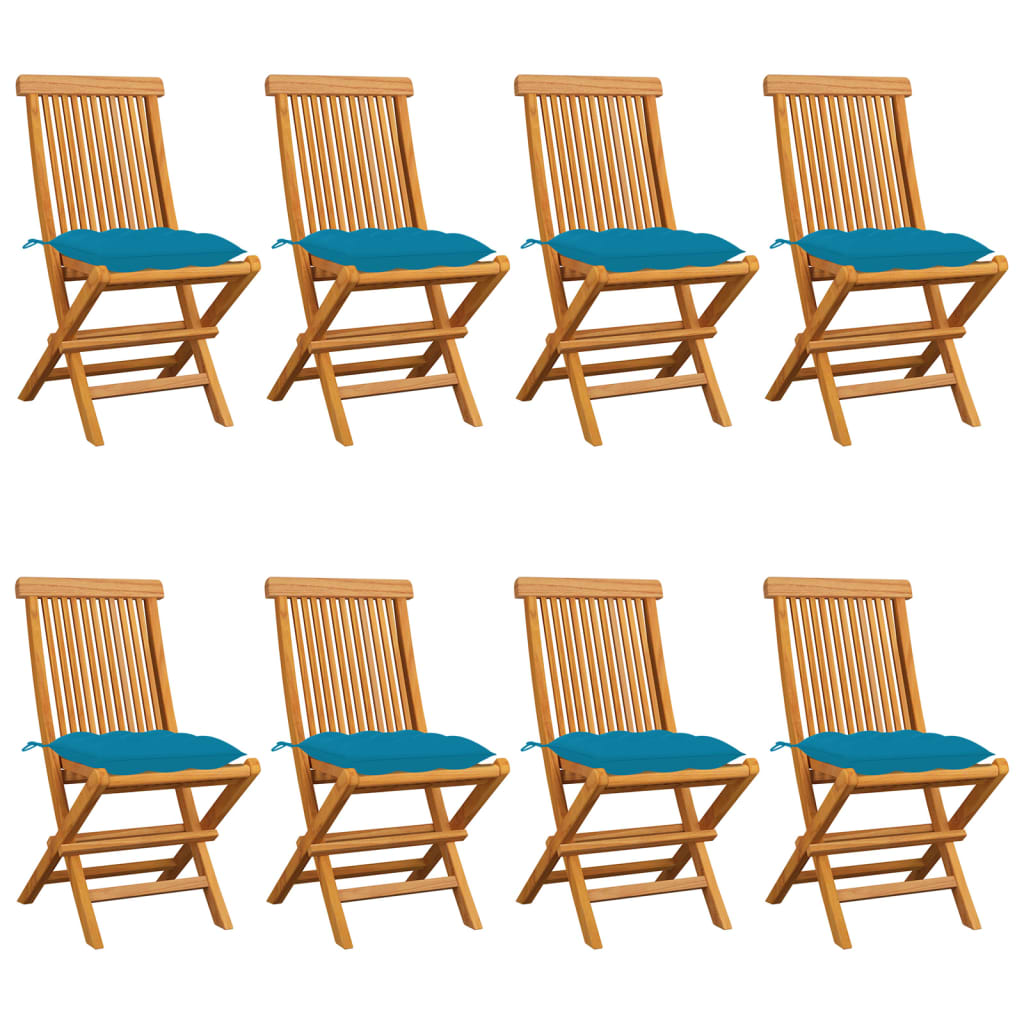Gartenstühle mit Hellblauen Kissen 8 Stk. Massivholz Teak