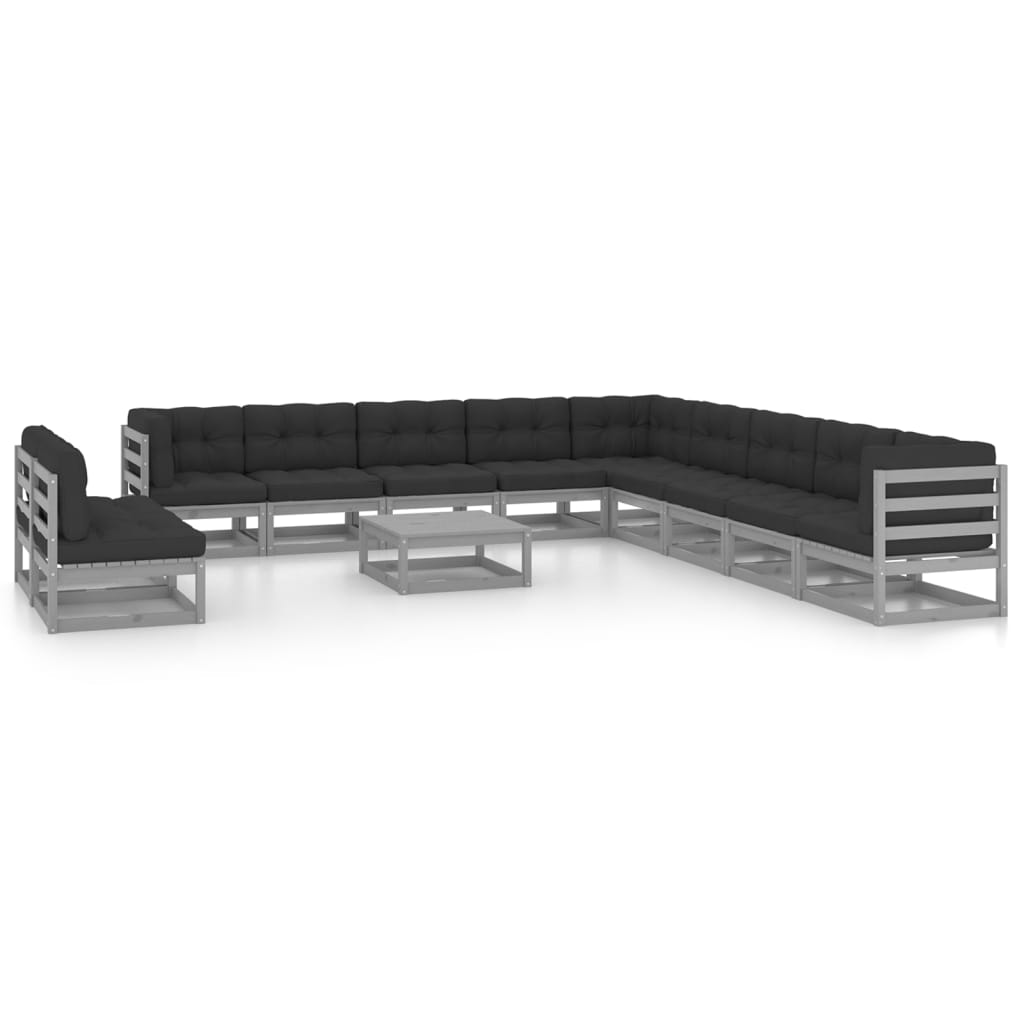 12-tlg. Garten-Lounge-Set mit Kissen Grau Massivholz Kiefer