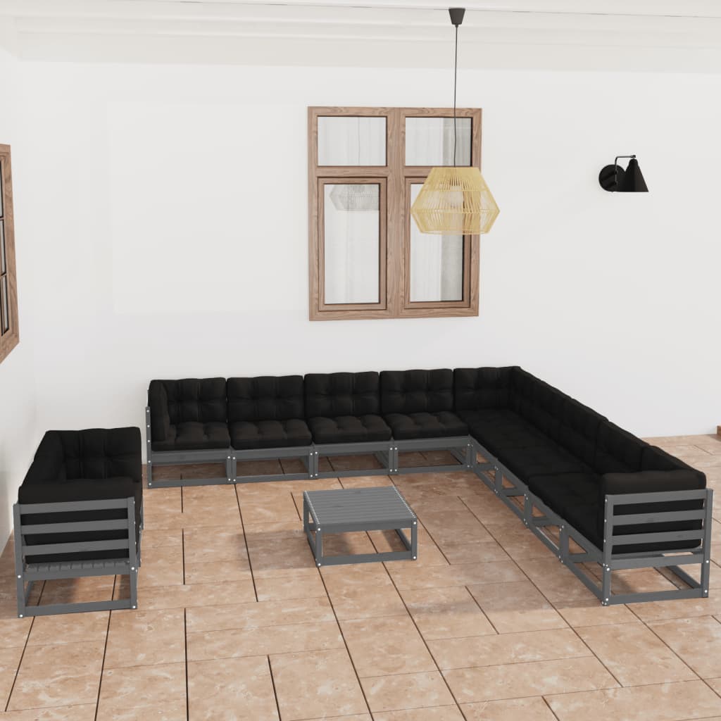12-tlg. Garten-Lounge-Set mit Kissen Grau Massivholz Kiefer