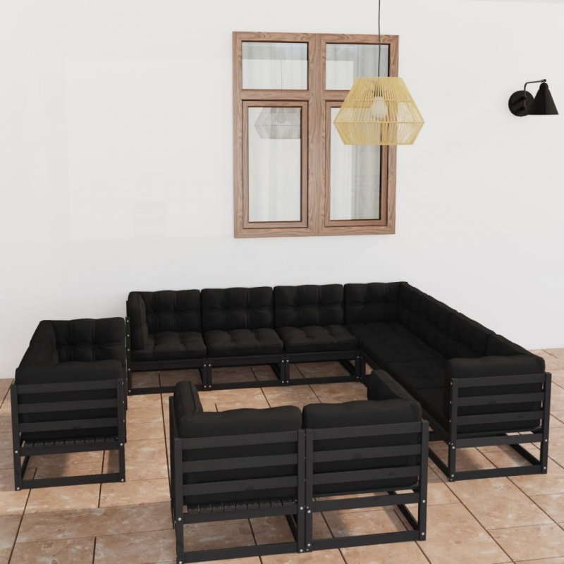 11-tlg. Garten-Lounge-Set mit Kissen Schwarz Kiefer Massivholz