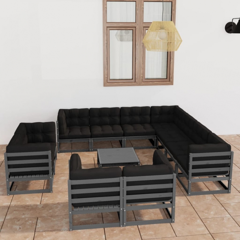 12-tlg. Garten-Lounge-Set mit Kissen Grau Massivholz Kiefer