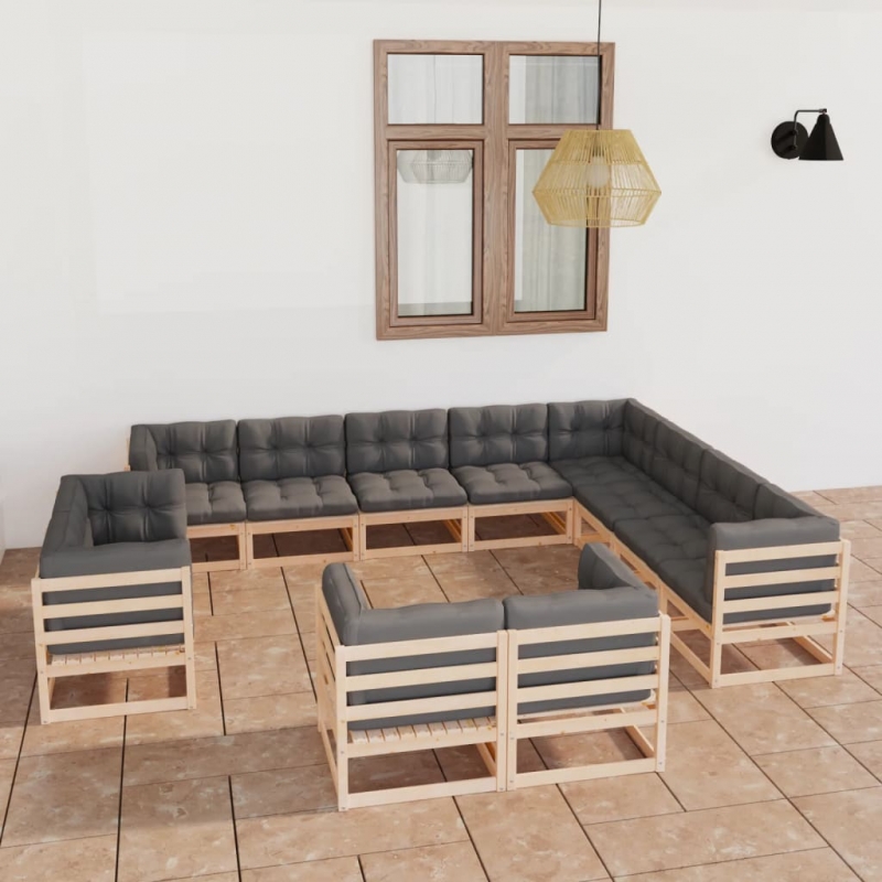 12-tlg. Garten-Lounge-Set mit Kissen Massivholz Kiefer
