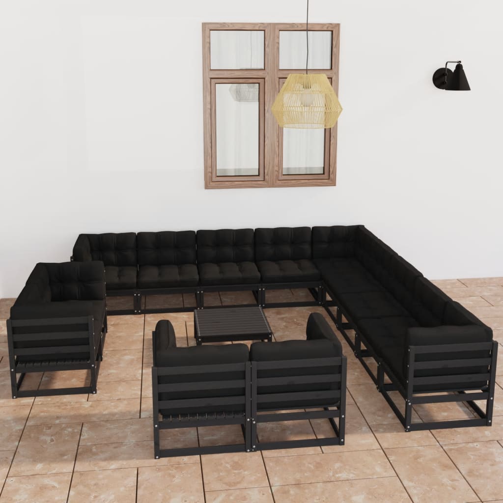 14-tlg. Garten-Lounge-Set mit Kissen Schwarz Massivholz Kiefer
