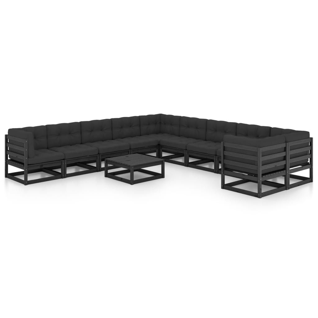11-tlg. Garten-Lounge-Set mit Kissen Schwarz Massivholz Kiefer