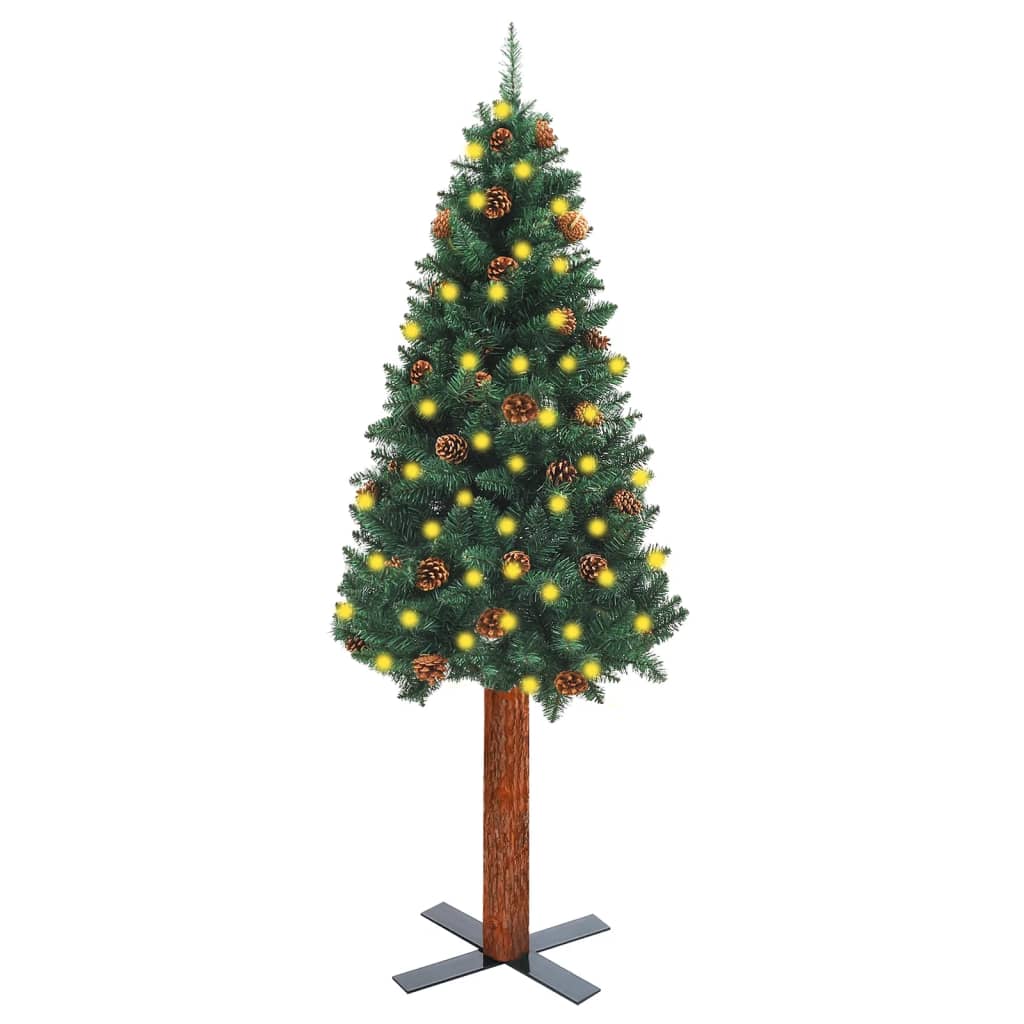 Weihnachtsbaum Schmal mit LEDs & Echtholz & Zapfen Grün 210 cm