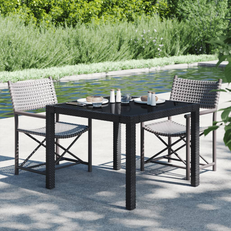 Gartentisch 90x90x75 cm Gehärtetes Glas Poly Rattan Schwarz