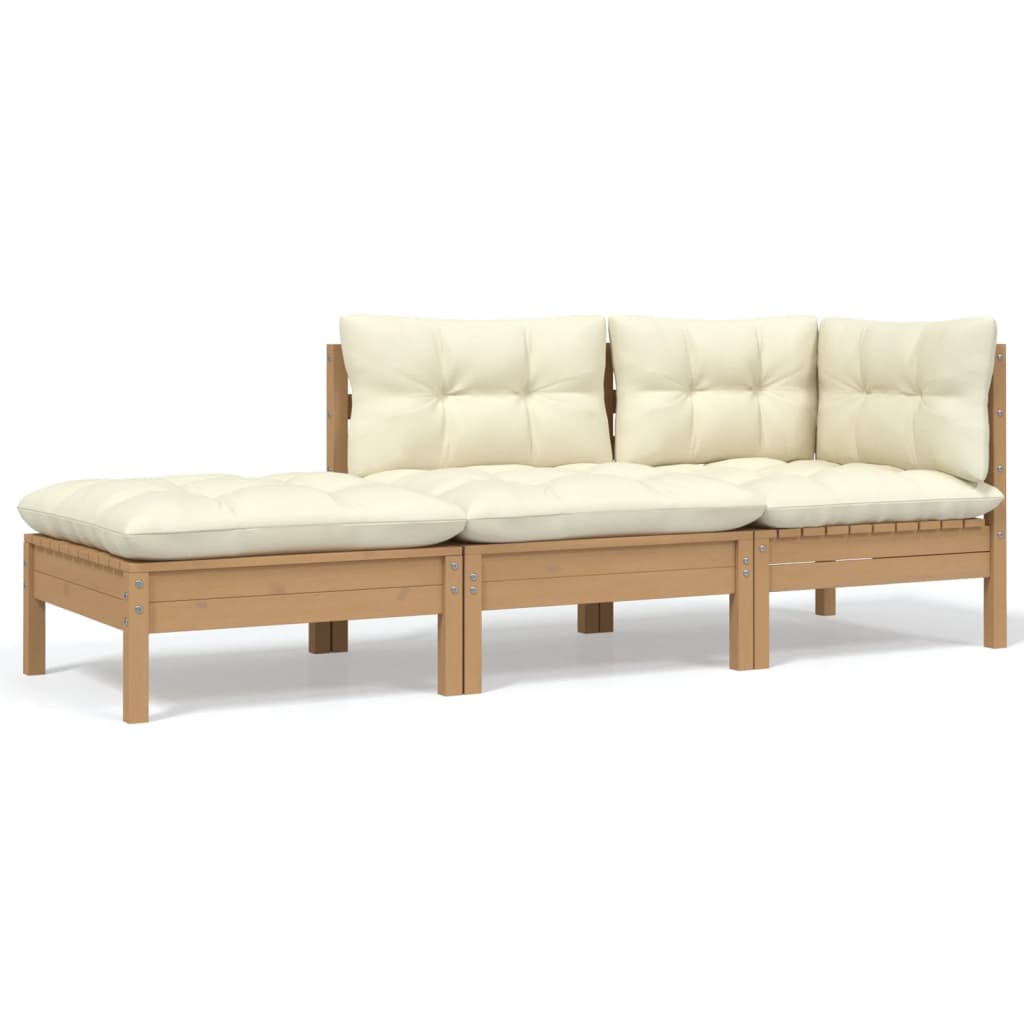 3-tlg. Garten-Lounge-Set mit Kissen Creme Massivholz Kiefer