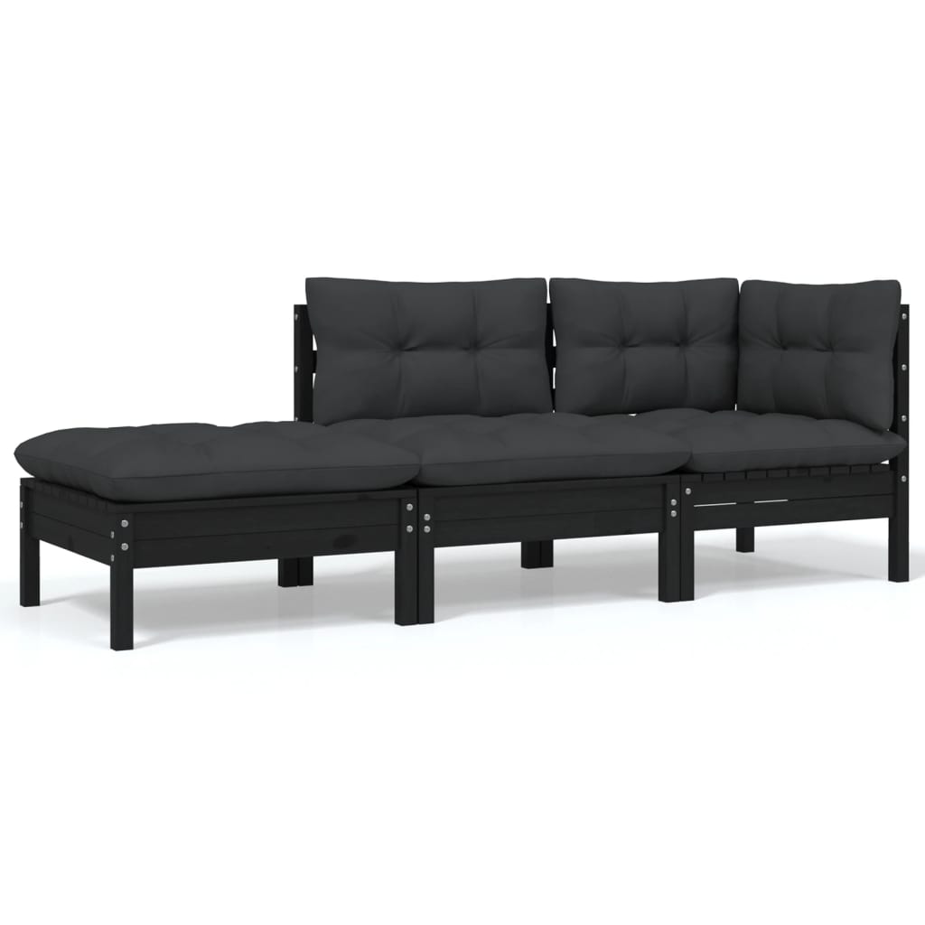 3-tlg. Garten-Lounge-Set mit Kissen Schwarz Massivholz Kiefer