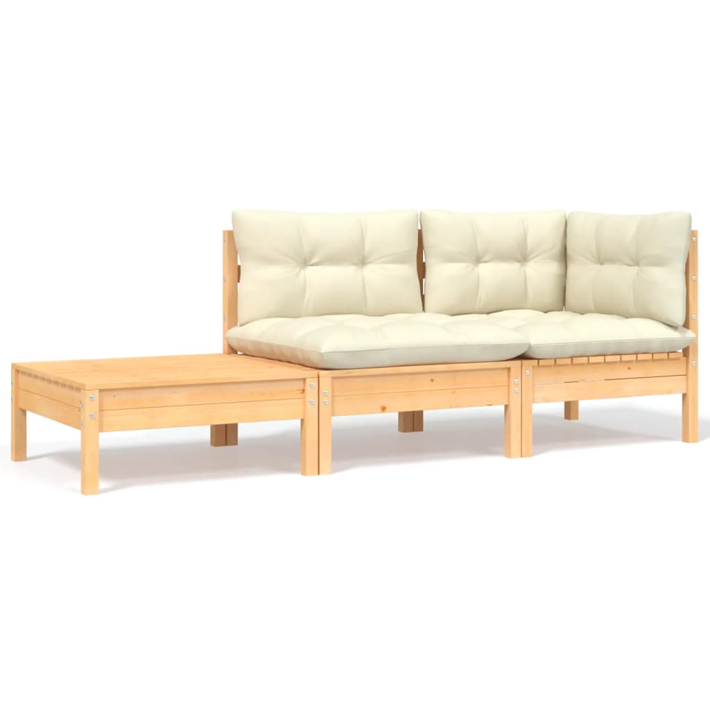 3-tlg. Garten-Lounge-Set mit Creme Kissen Massivholz Kiefer