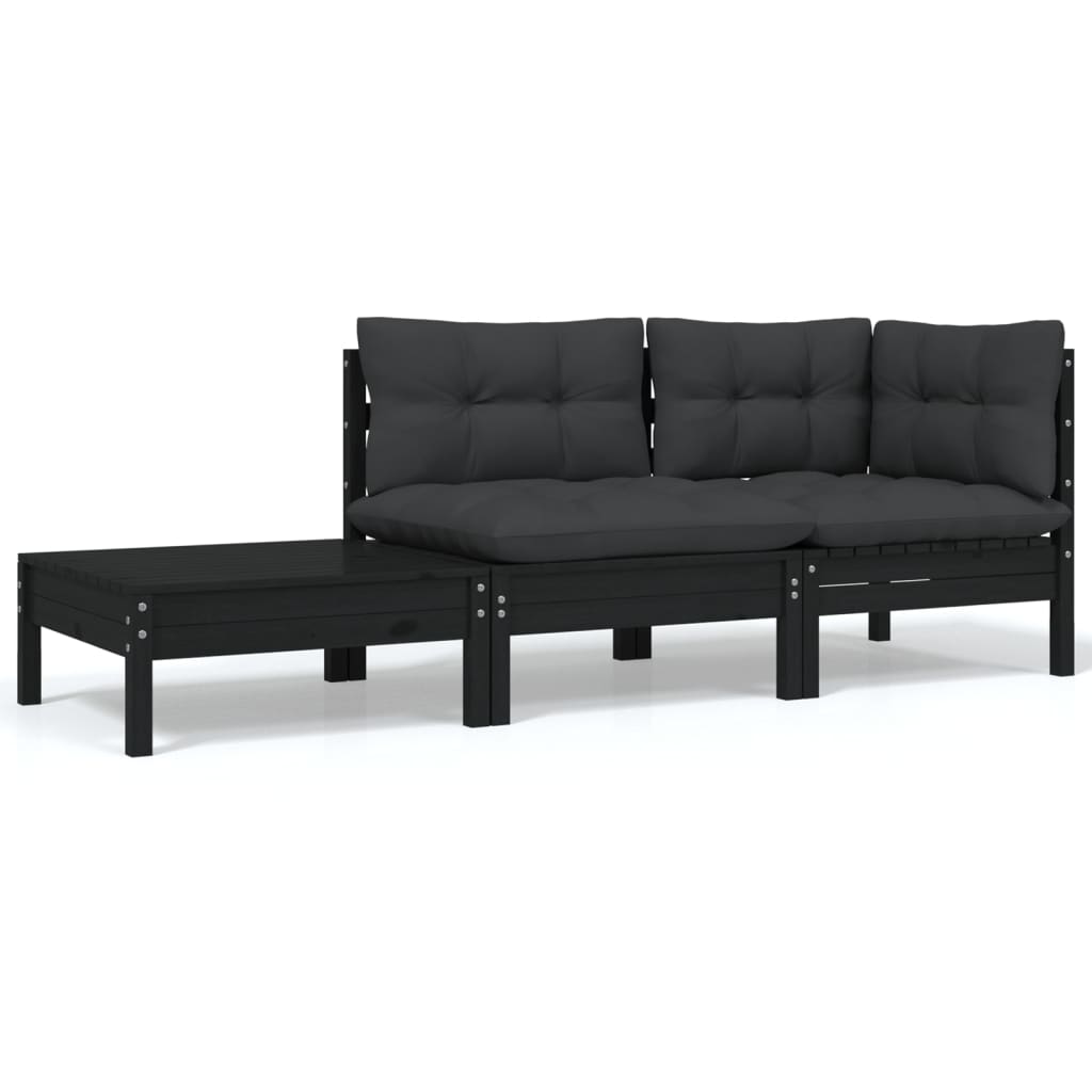 3-tlg. Garten-Lounge-Set mit Kissen Schwarz Kiefer Massivholz