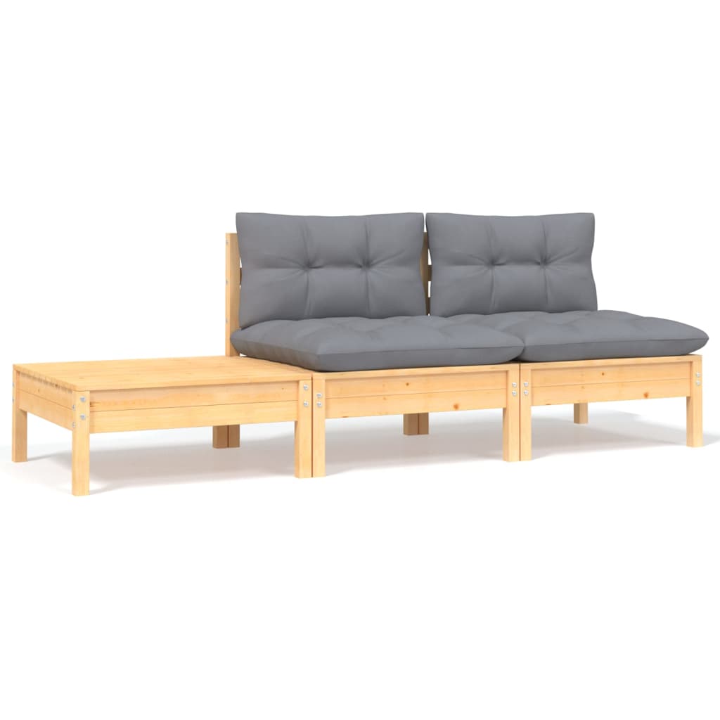 3-tlg. Garten-Lounge-Set mit Kissen Grau Kiefer Massivholz