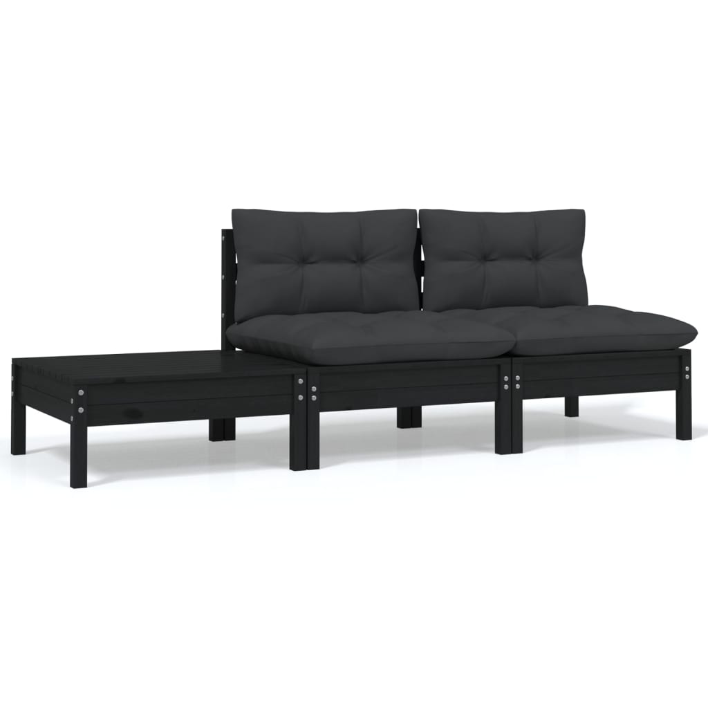 3-tlg. Garten-Lounge-Set mit Kissen Schwarz Kiefer Massivholz