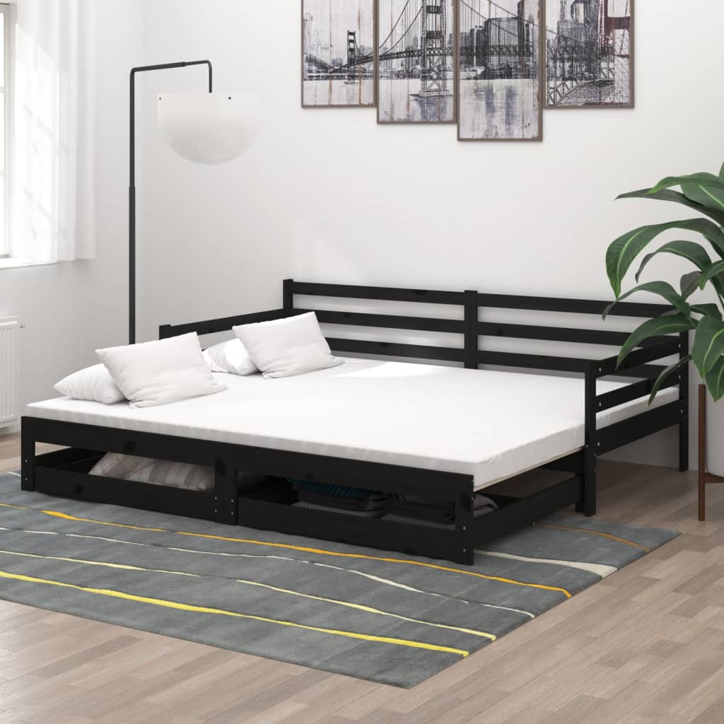 Ausziehbares Tagesbett 2x(90x200) cm Schwarz Massivholz Kiefer