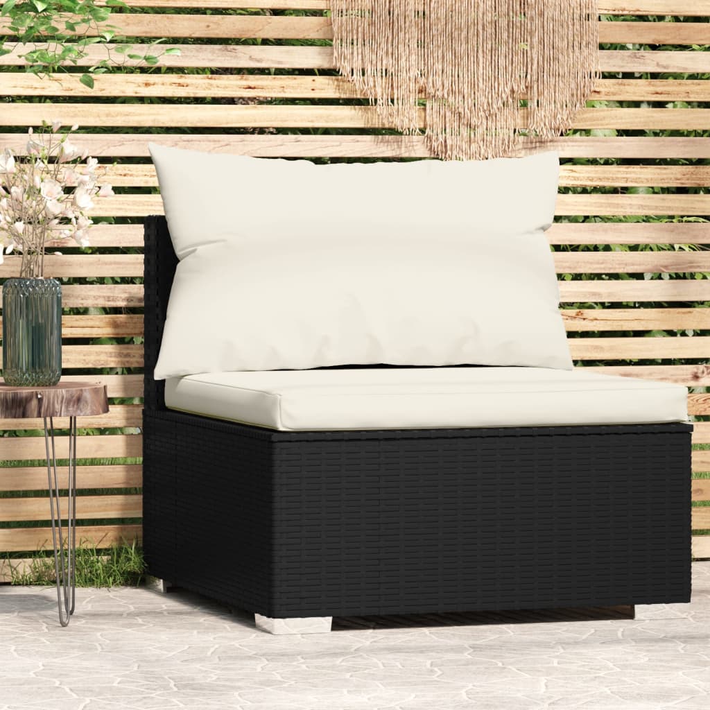 Garten-Mittelsofa mit Kissen Schwarz Poly Rattan