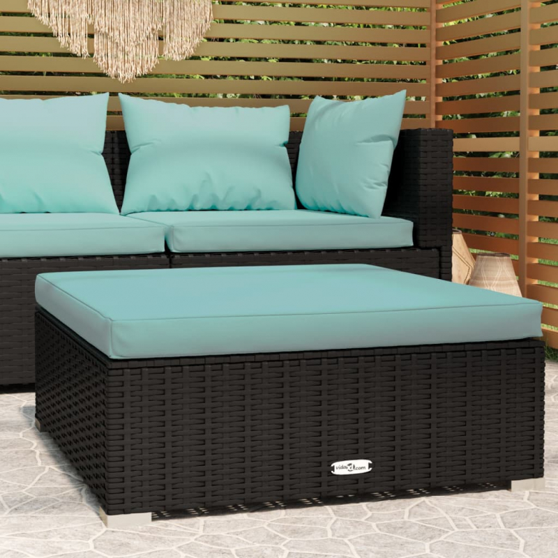 Garten-Fußhocker mit Kissen Schwarz 70x70x30 cm Poly Rattan