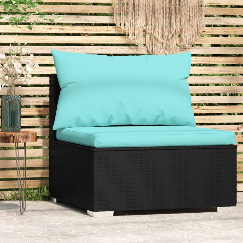 Garten-Mittelsofa mit Kissen Schwarz Poly Rattan