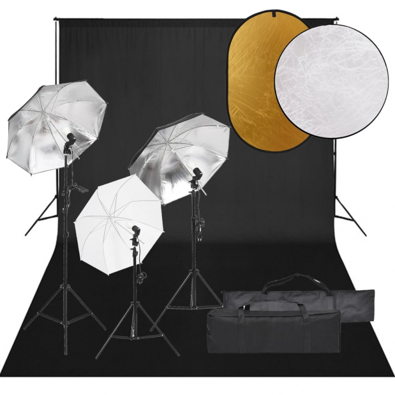 Fotostudio-Set mit Beleuchtung, Hintergrund und Reflektor