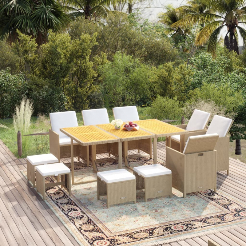 11-tlg. Garten-Essgruppe mit Kissen Poly Rattan Beige