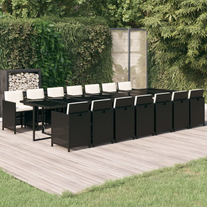 15-tlg. Garten-Essgruppe mit Kissen Poly Rattan Schwarz